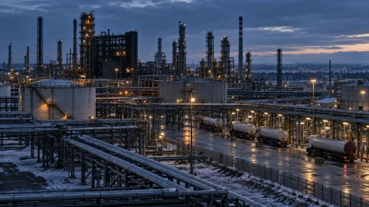 Karlı endüstri bölgesindeki petrol rafinerisi, boru hatları, depolama tankları ve yakıt tankerleri