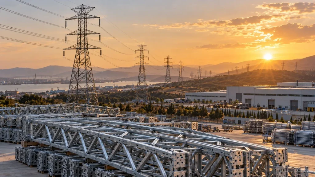 Enerji iletim hattı direkleri ve fabrikada hazırlanan çelik malzemeler