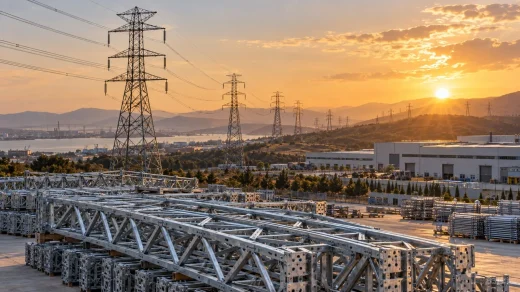 Enerji iletim hattı direkleri ve fabrikada hazırlanan çelik malzemeler