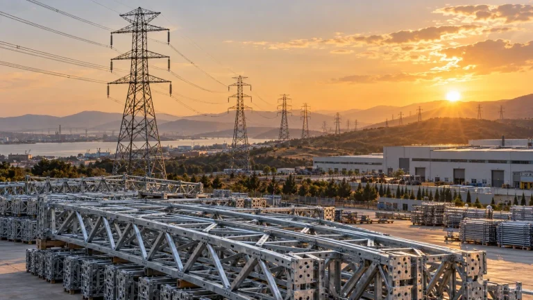 Enerji iletim hattı direkleri ve fabrikada hazırlanan çelik malzemeler