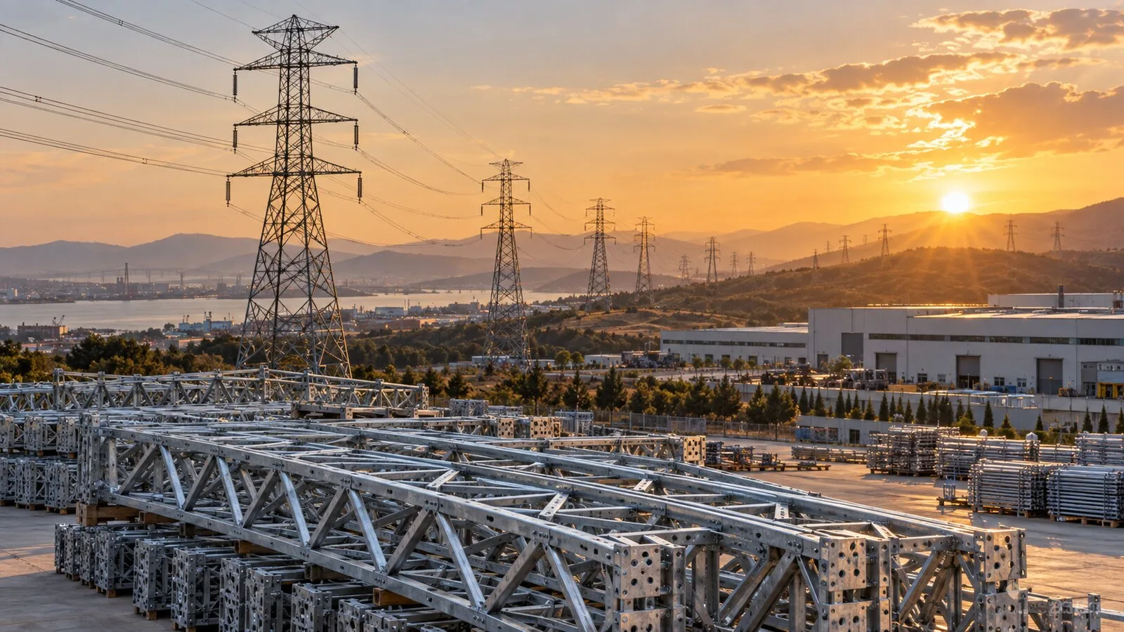 Enerji iletim hattı direkleri ve fabrikada hazırlanan çelik malzemeler