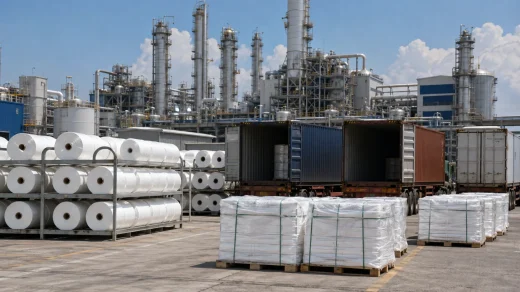 Polyester üretim tesisinde paketlenen ürünler ve ihracata hazırlanan konteynerler