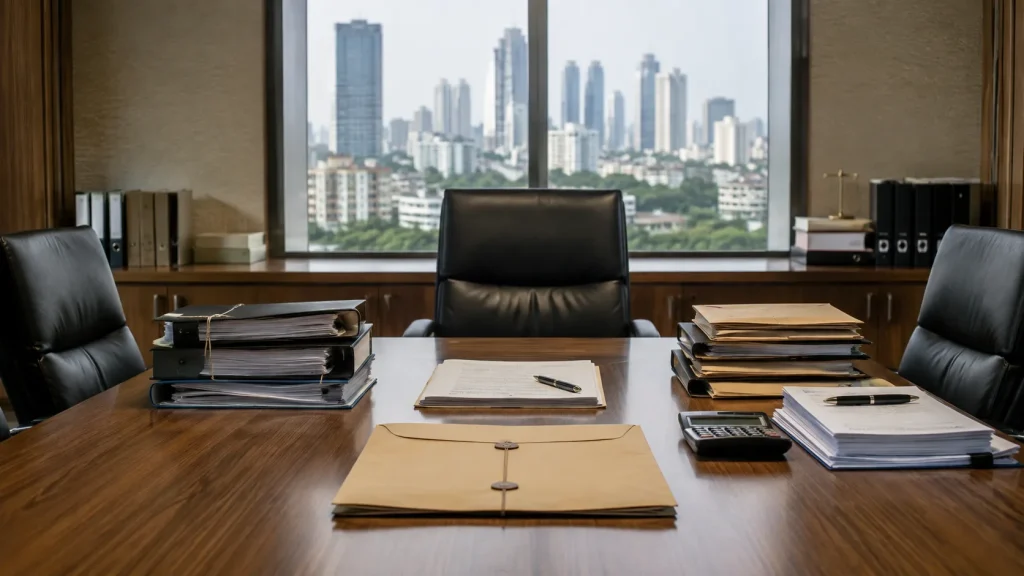 Hindistan finans merkezinde inceleme dosyaları, borsa belgeleri ve boş duruşma masası