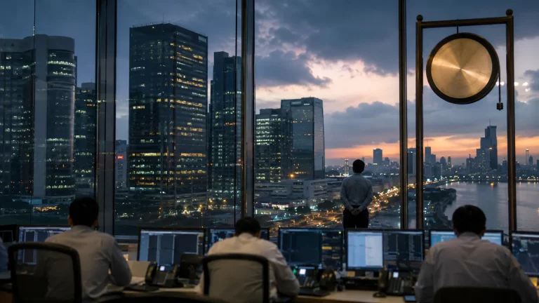 Mumbai finans bölgesinde borsa binası ve kapanış seansını temsil eden elektronik piyasa ekranları