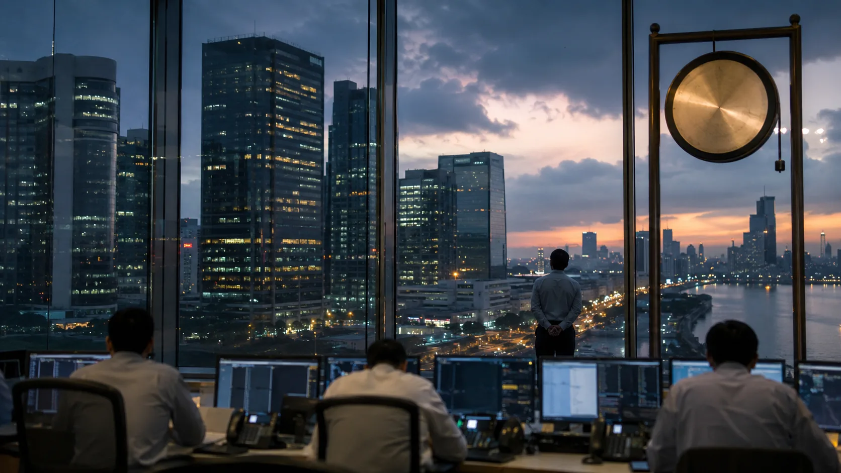 Mumbai finans bölgesinde borsa binası ve kapanış seansını temsil eden elektronik piyasa ekranları