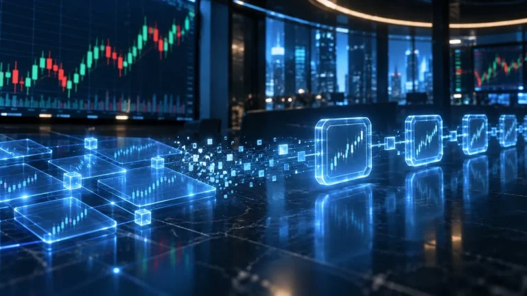 Dijital işlem ekranları üzerinde blokzincir ağıyla birbirine bağlanan tokenleştirilmiş hisse grafiklerinin temsili