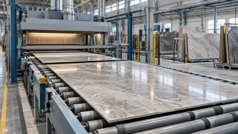 Seramik fabrikasında üretim hattından geçen büyük porselen plakalar