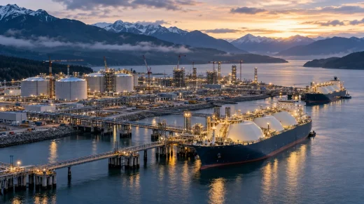 Kanada kıyısındaki LNG terminalinde iki tanker, depolama tankları ve yapımı süren yeni tesis üniteleri görülüyor.