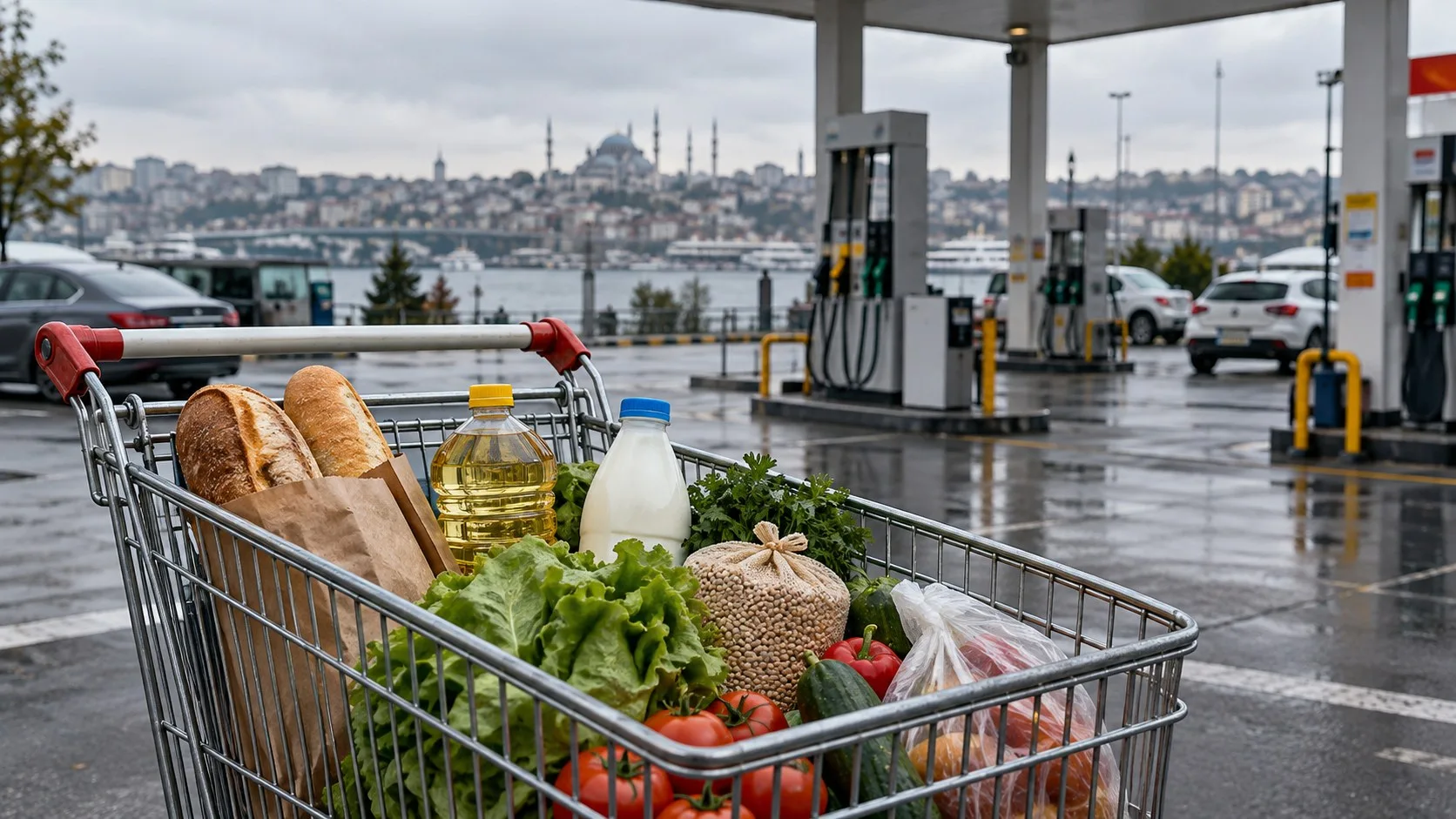 Temel gıdalarla dolu alışveriş arabası ve arka planda akaryakıt pompaları