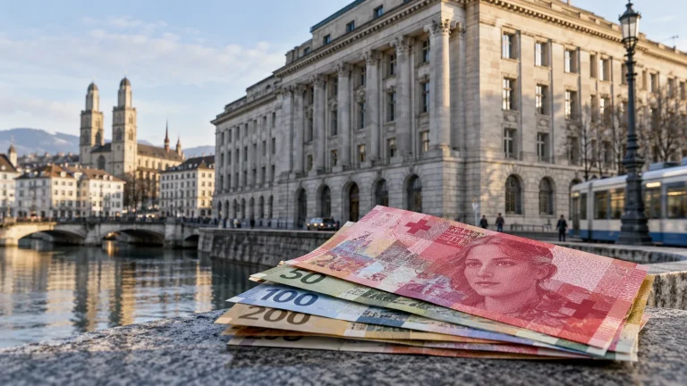 Zürih’te İsviçre frangı banknotlarının önünde merkez bankasını temsil eden kurumsal bir bina görülüyor.