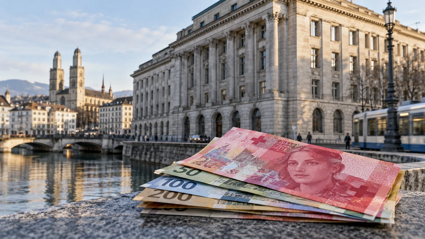 Zürih’te İsviçre frangı banknotlarının önünde merkez bankasını temsil eden kurumsal bir bina görülüyor.