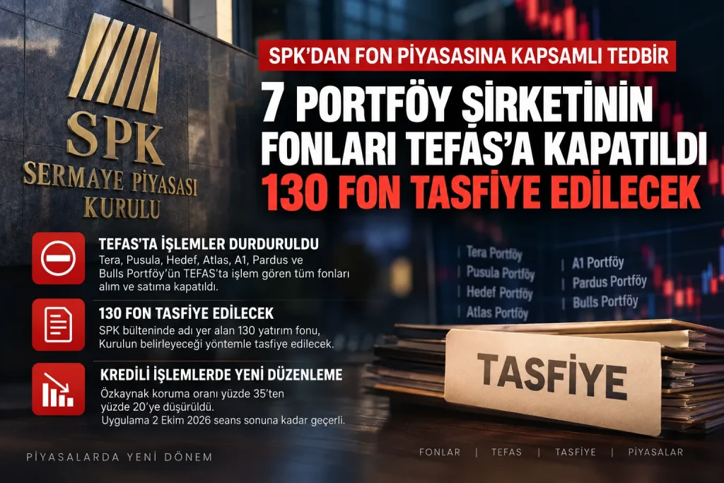 SPK, yedi portföy şirketinin TEFAS fonlarını alım ve satıma kapatırken 130 fonun Kurulun belirleyeceği yöntemle tasfi…