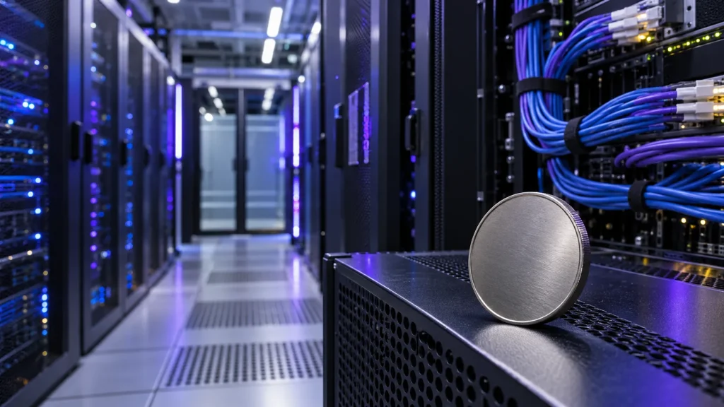 Mor ve mavi ışıklı sunucu odasında fiber kablolar ve logosuz metal disk