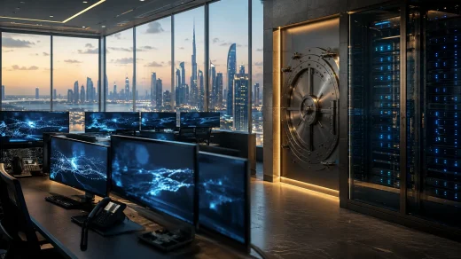 Dubai silüeti önünde kurumsal dijital varlık işlem masasını simgeleyen güvenli kasa ve elektronik altyapı