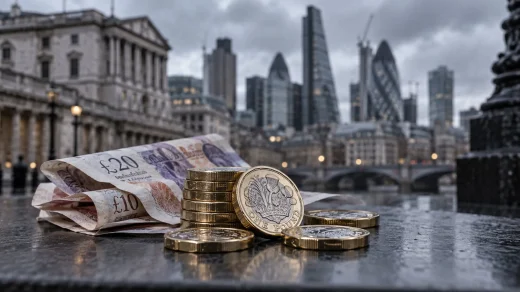 Londra finans merkezi önünde sterlin banknotları ve madeni paralar