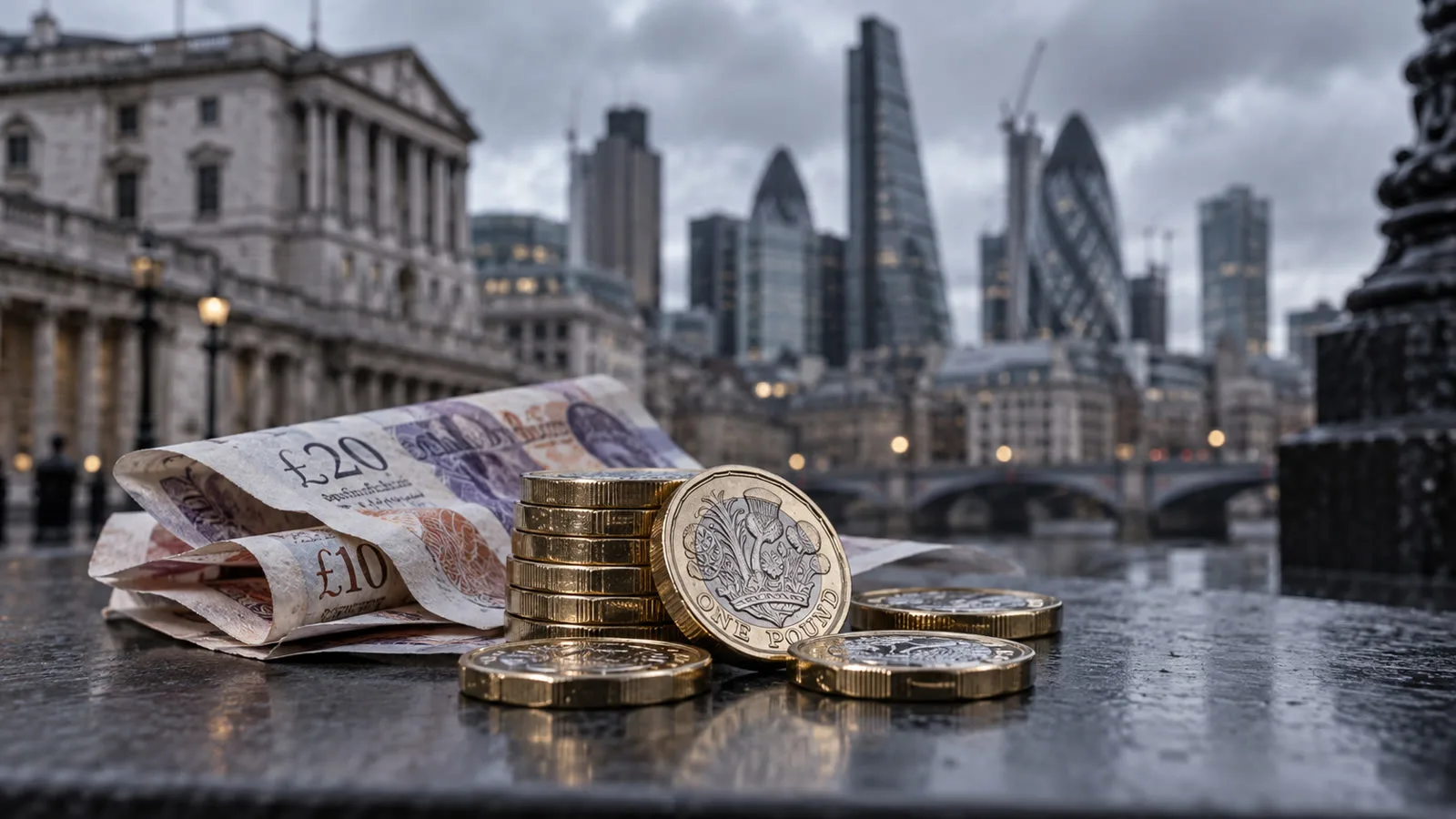 Londra finans merkezi önünde sterlin banknotları ve madeni paralar