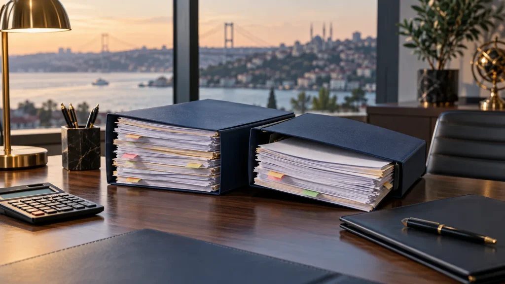 İstanbul manzaralı ofis masasında iki kalın alacak portföyü dosyası ve hesap makinesi