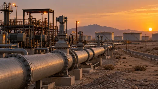 Suudi Arabistan çölünde petrol boru hattı, pompa istasyonu ve depolama tankları