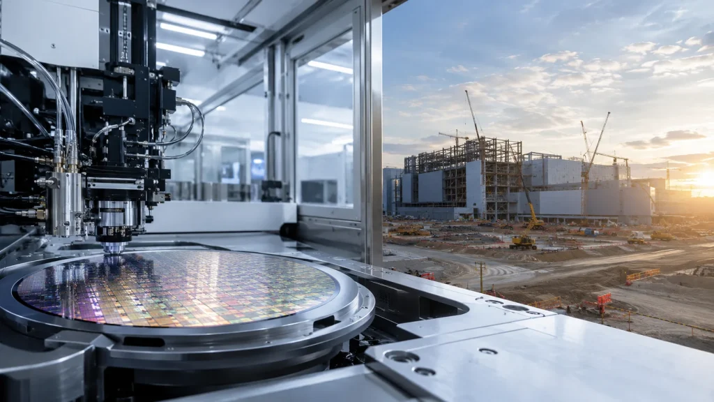 Yarı iletken üretim tesisinde silikon wafer ve arka planda yeni fabrika inşaatı
