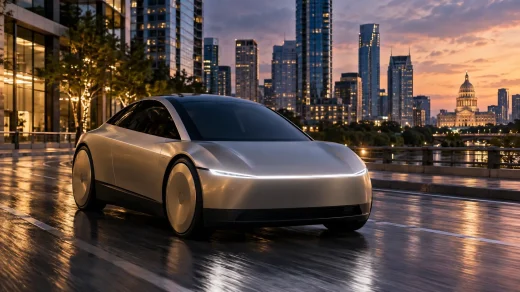 Austin’de yola çıkan direksiyonsuz ve pedalsız Tesla Cybercab modelini temsil eden otonom araç görseli