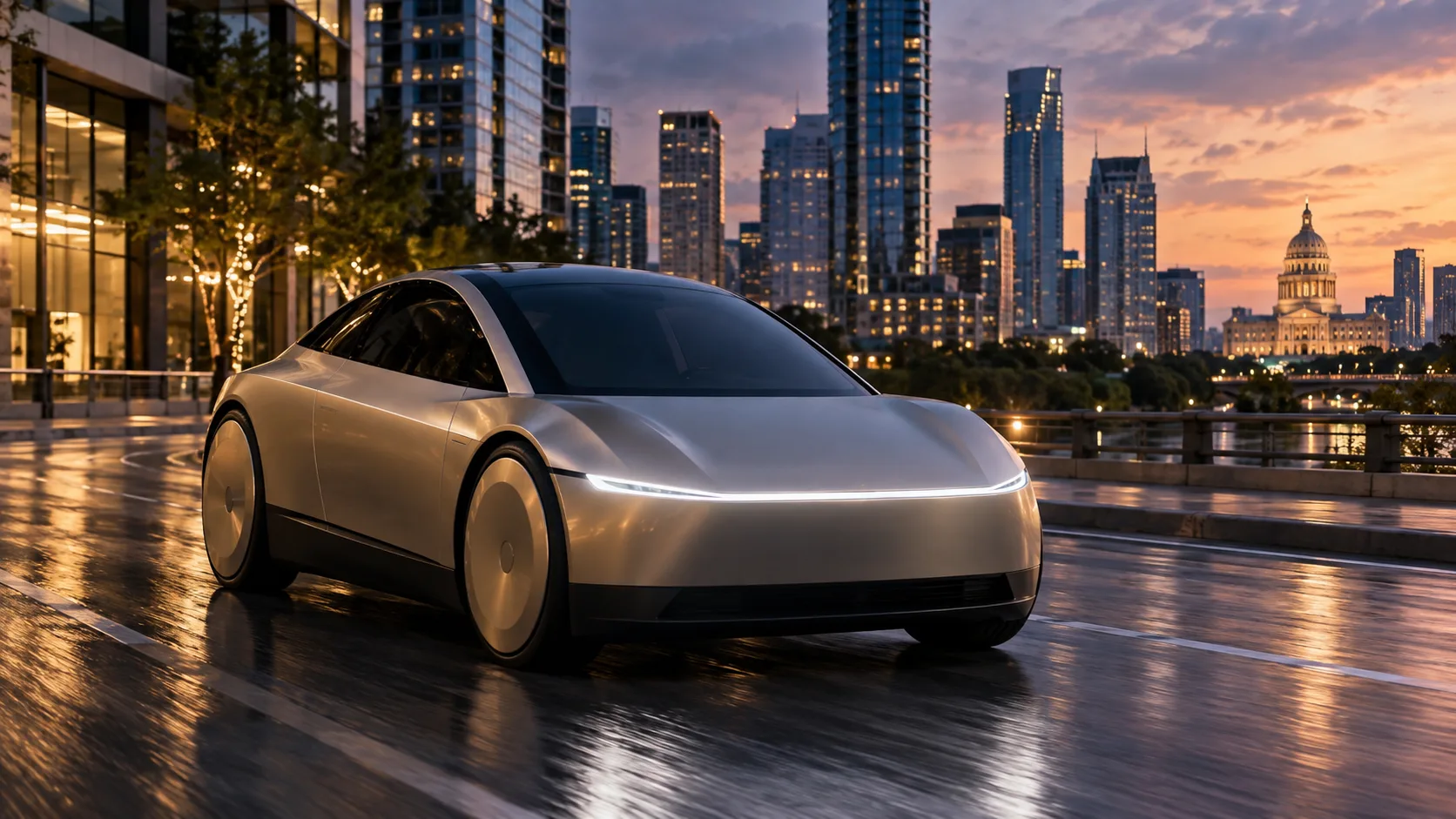 Austin’de yola çıkan direksiyonsuz ve pedalsız Tesla Cybercab modelini temsil eden otonom araç görseli