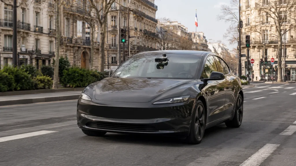 Fransa'da yol testine çıkan, ön camındaki sensör donanımı görülen elektrikli otomobil