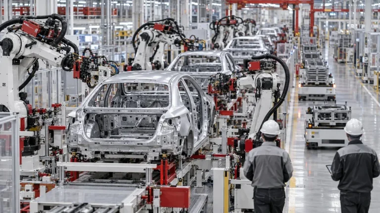 Otomobil fabrikasında araç gövdeleri üzerinde çalışan endüstriyel robotlar