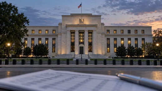 Akşam saatlerinde Amerikan bayrağının dalgalandığı ABD merkez bankası binası