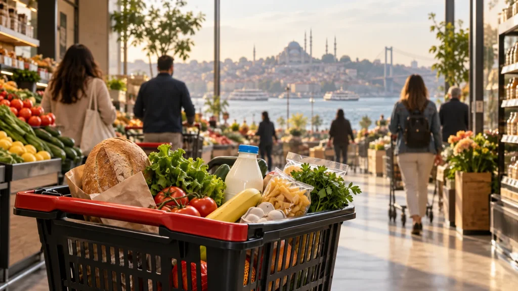 İstanbul manzaralı markette temel tüketim ürünleriyle dolu alışveriş sepeti