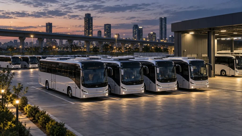 Akşam saatlerinde bir depoda park eden markasız personel servis araçları