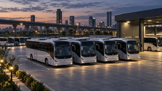 Akşam saatlerinde bir depoda park eden markasız personel servis araçları