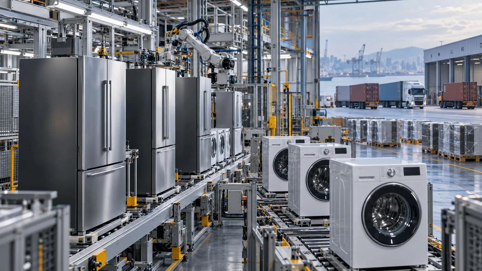 Beyaz eşya fabrikasında buzdolabı ve çamaşır makinesi üretim hattı