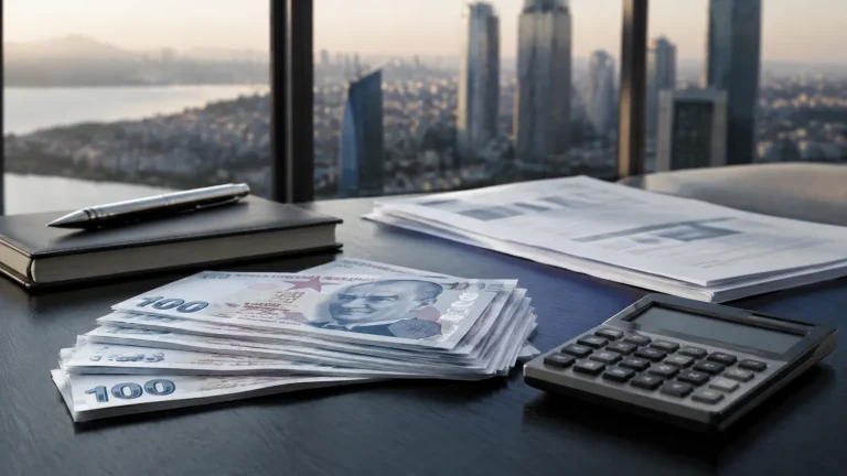 Kurumsal işlem masasındaki Türk lirası banknotları ve faiz piyasasını simgeleyen finansal belgeler