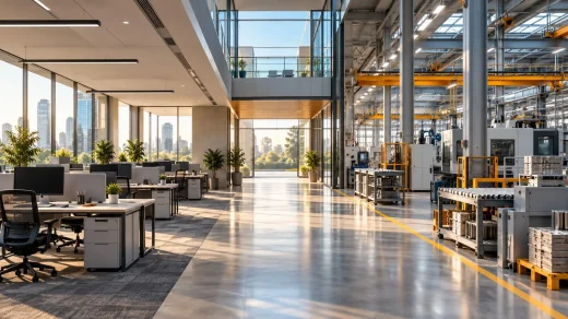 Modern ofis ve üretim alanlarının birleştiği işgücü piyasası görseli