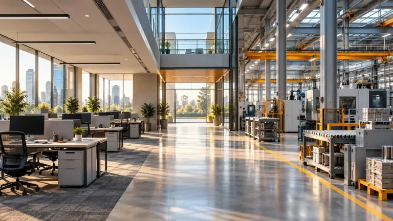 Modern ofis ve üretim alanlarının birleştiği işgücü piyasası görseli