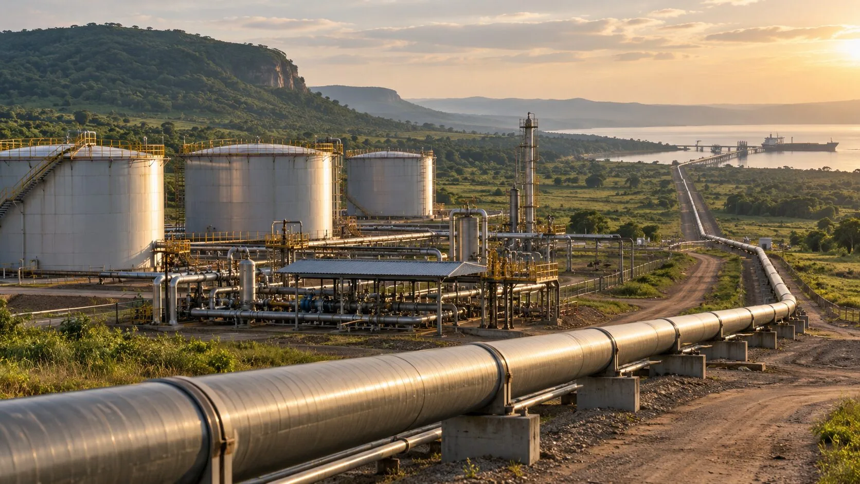 Uganda’daki petrol sahasında boru hattı, depolama tankları ve tanker yükleme altyapısını gösteren foto-gerçekçi görünüm