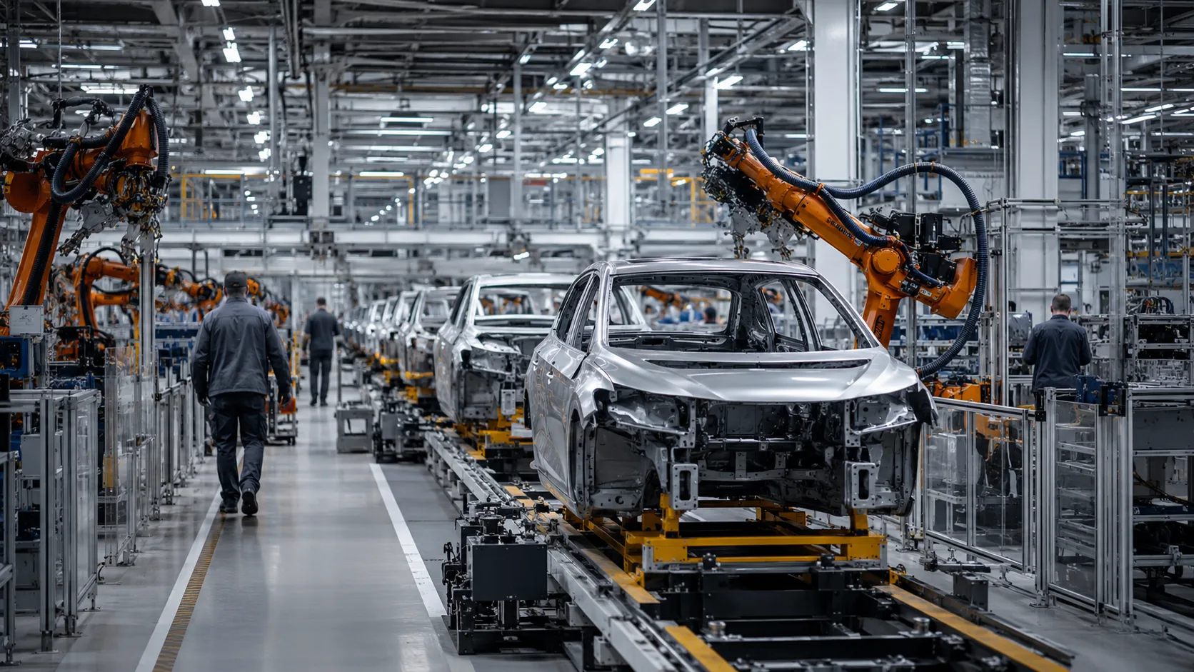 Almanya’daki modern otomobil fabrikasında yüzleri görünmeyen çalışanlar ve üretim hattındaki araçlar