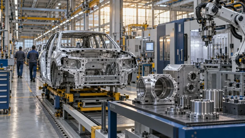 Logosuz otomotiv fabrikasında robot kolları, metal parçalar ve yüzleri görünmeyen çalışanlar