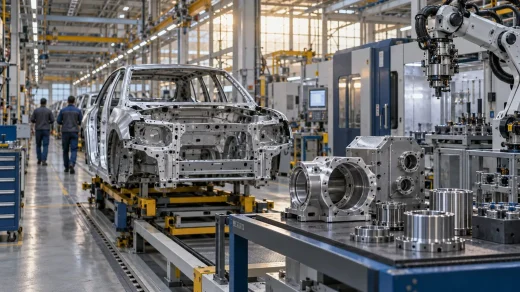 Logosuz otomotiv fabrikasında robot kolları, metal parçalar ve yüzleri görünmeyen çalışanlar