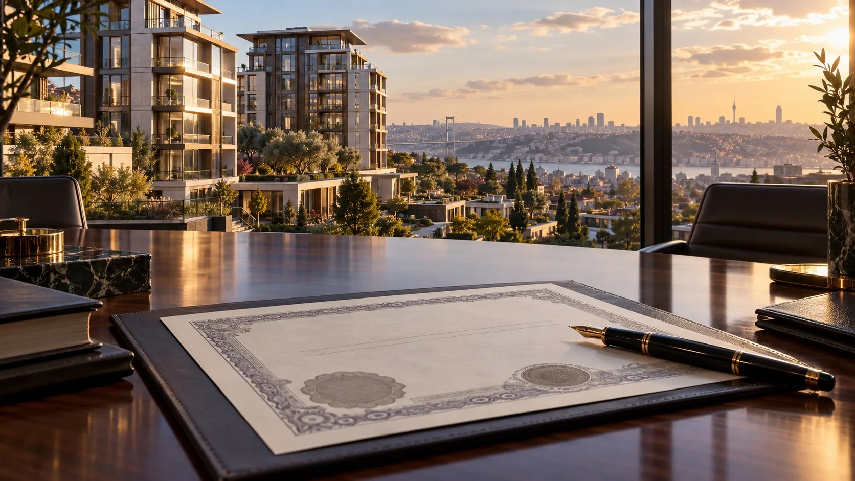 İstanbul manzaralı modern konut projesine bakan toplantı odasında boş bir pay belgesi ve dolma kalem görülüyor.