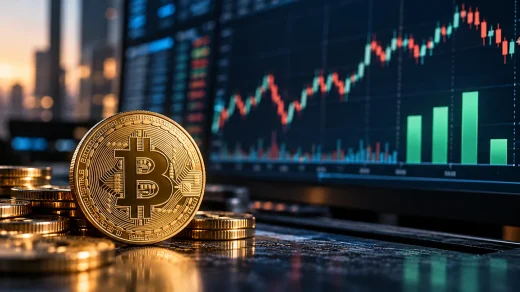 Bitcoin temsili madeni para ve finans piyasası grafiklerinin bulunduğu masa