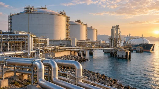 Kıyıdaki LNG tankları, borular ve yükleme iskelesi
