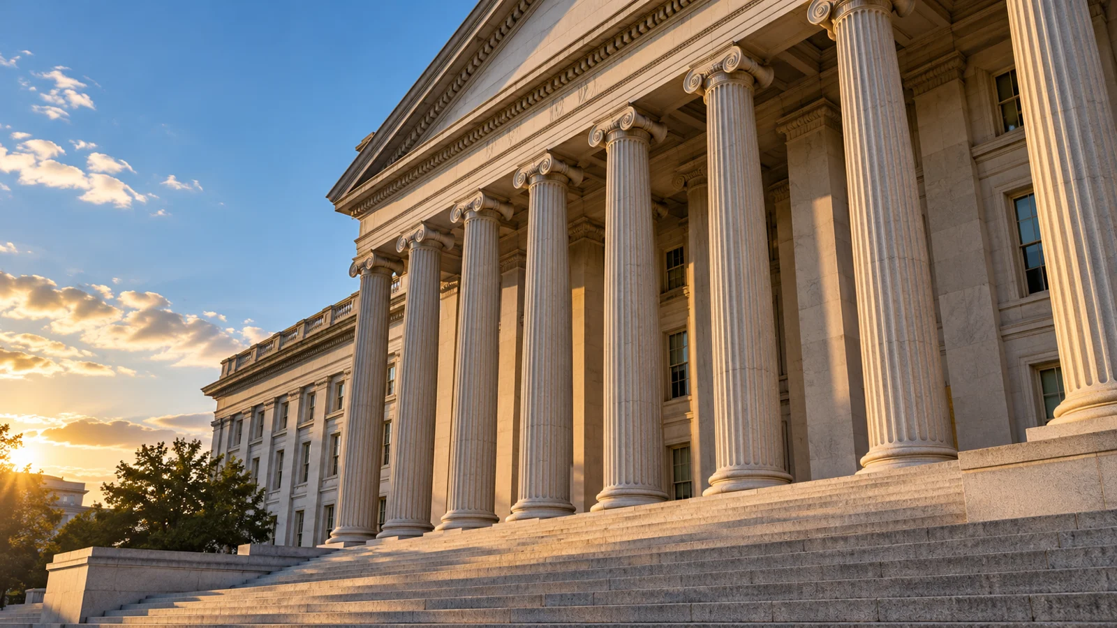 Washington'da ABD Hazine binasının taş sütunları ve geniş cephesi