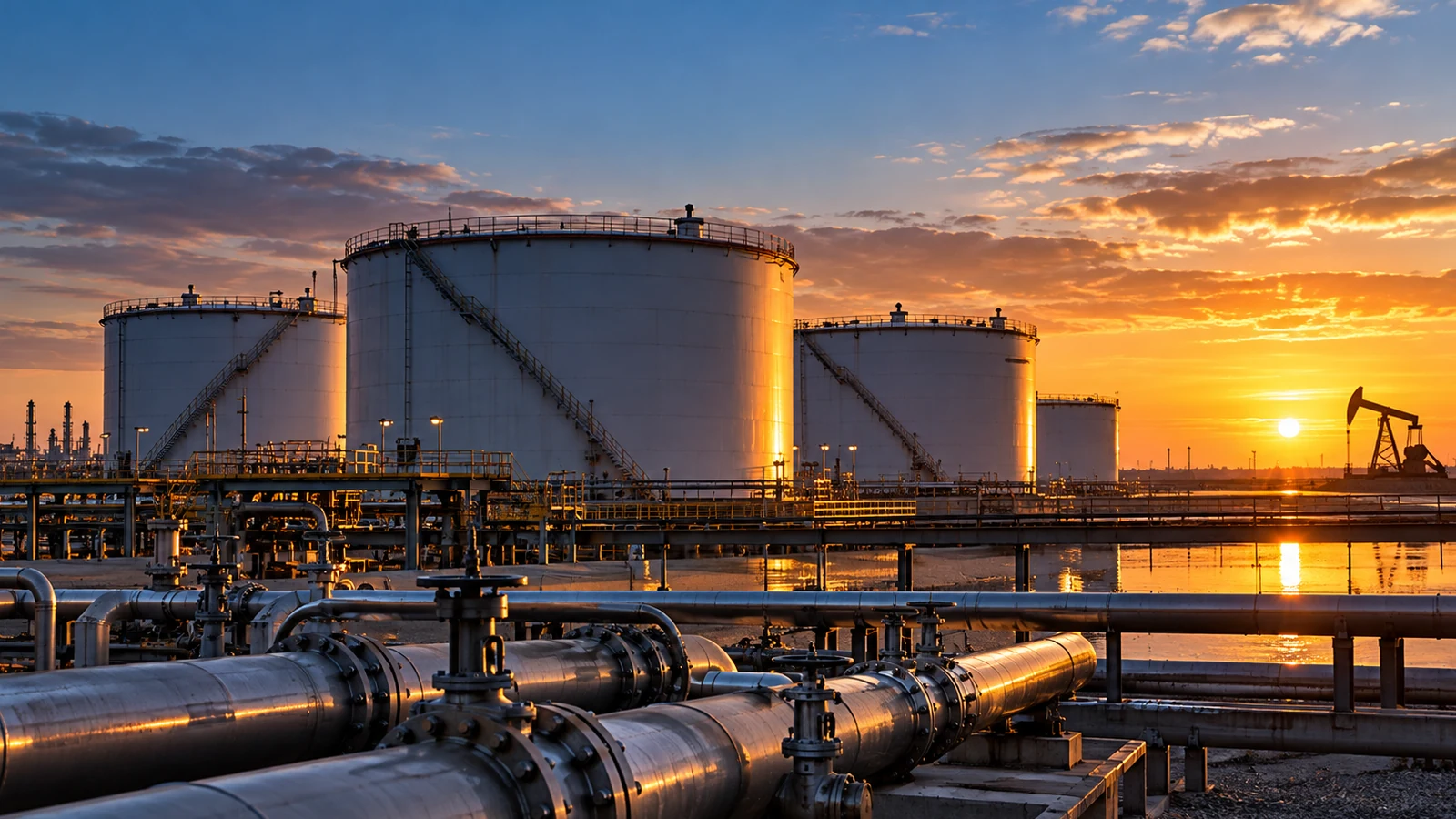 Gün doğumunda petrol depolama tankları, boru hatları ve uzakta pompa düzeneği