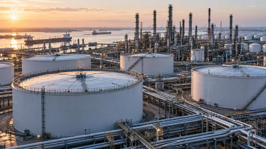 Boru hatlarıyla birbirine bağlanan beyaz silindirik petrol depoları ve arkada rafineri kuleleri