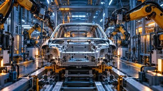 Otomotiv fabrikasında robotik üretim hattı