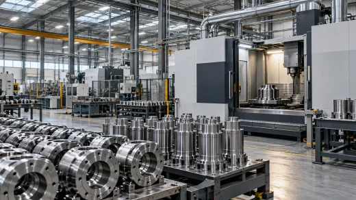 Fabrikada metal parçalar ve işleme makineleri