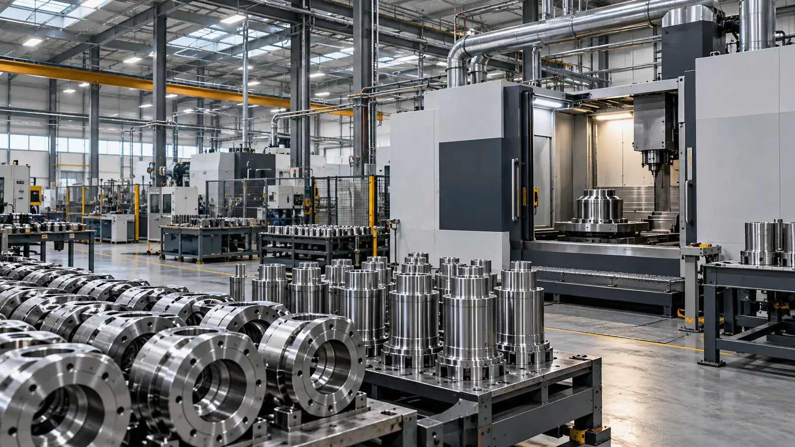 Fabrikada metal parçalar ve işleme makineleri