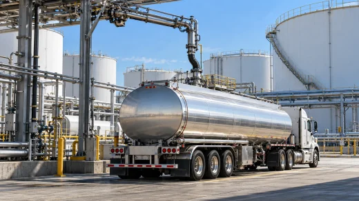 Akaryakıt terminalinde dolum koluna bağlı tanker ve depolama tankları