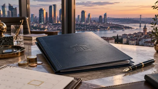 İstanbul manzaralı bir ofis masasında tahvil dosyası, avro madeni paraları, dolma kalem ve takvim bulunuyor.